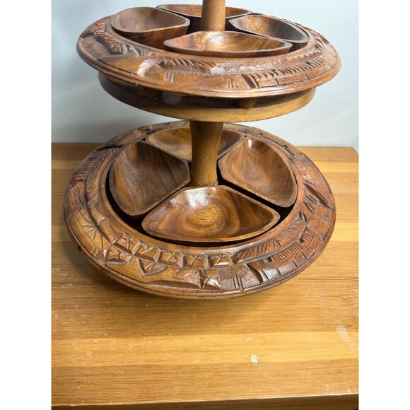 3 tired lazy Susan MCM mid century modern wooden hand carved money pod pineapple - Picture 6 of 9